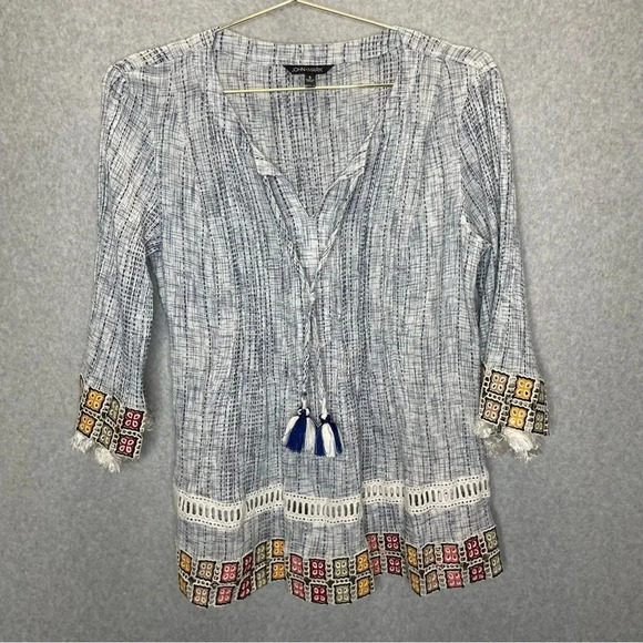 John • Mark Tassle Tie Notch Neck Granny Square Tunic Top - Picture 1 of 6